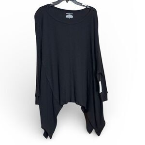 Westbound Black Waffle Knit Asymmetrical Sharkbite Hem Long Sleeve Top 2X